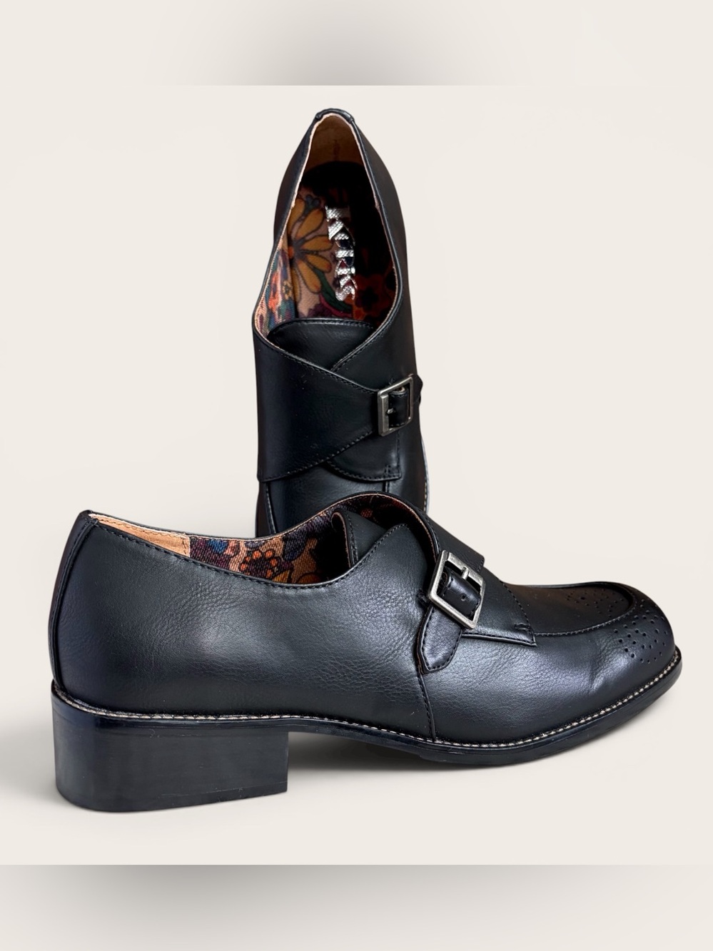 Korks Theodore Loafers Black Leather Adjustable Monk Strap Buckle Women Sz 9